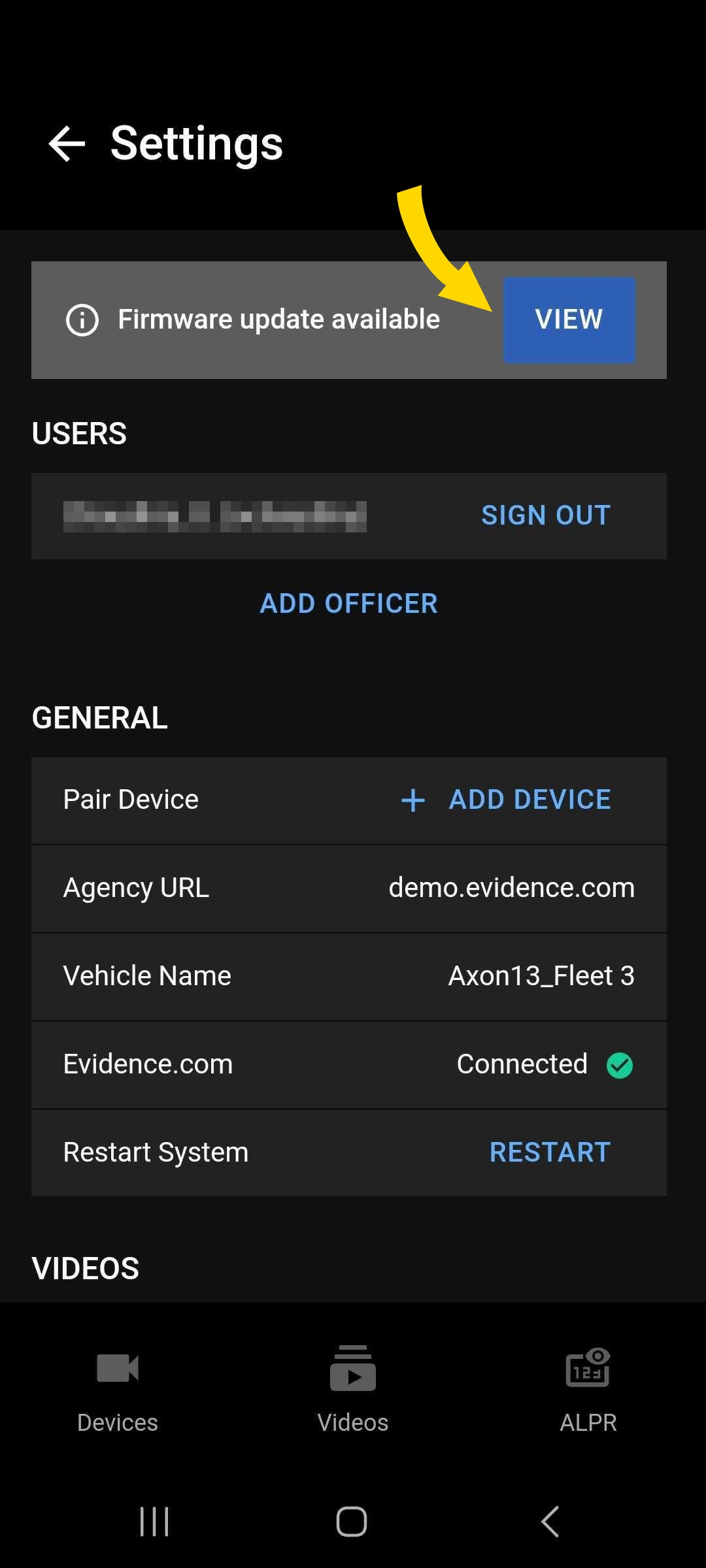 Shows the Fleet Dashboard View button for a firmware update on the app Settings page.