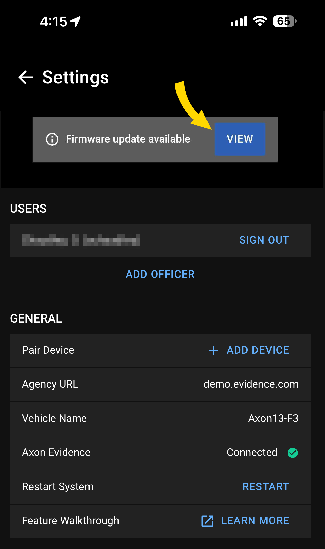 Shows the Fleet Dashboard View button for a firmware update on the app Settings page.