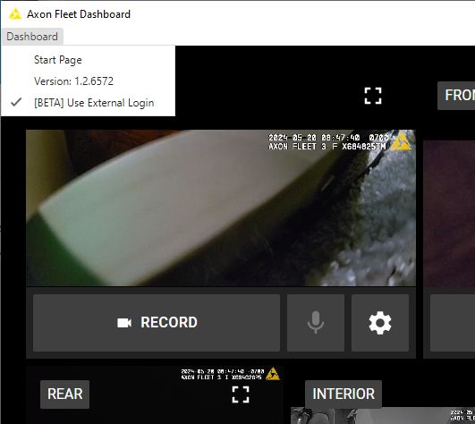 Shows the Fleet Dashboard menu with Use External Login selected.