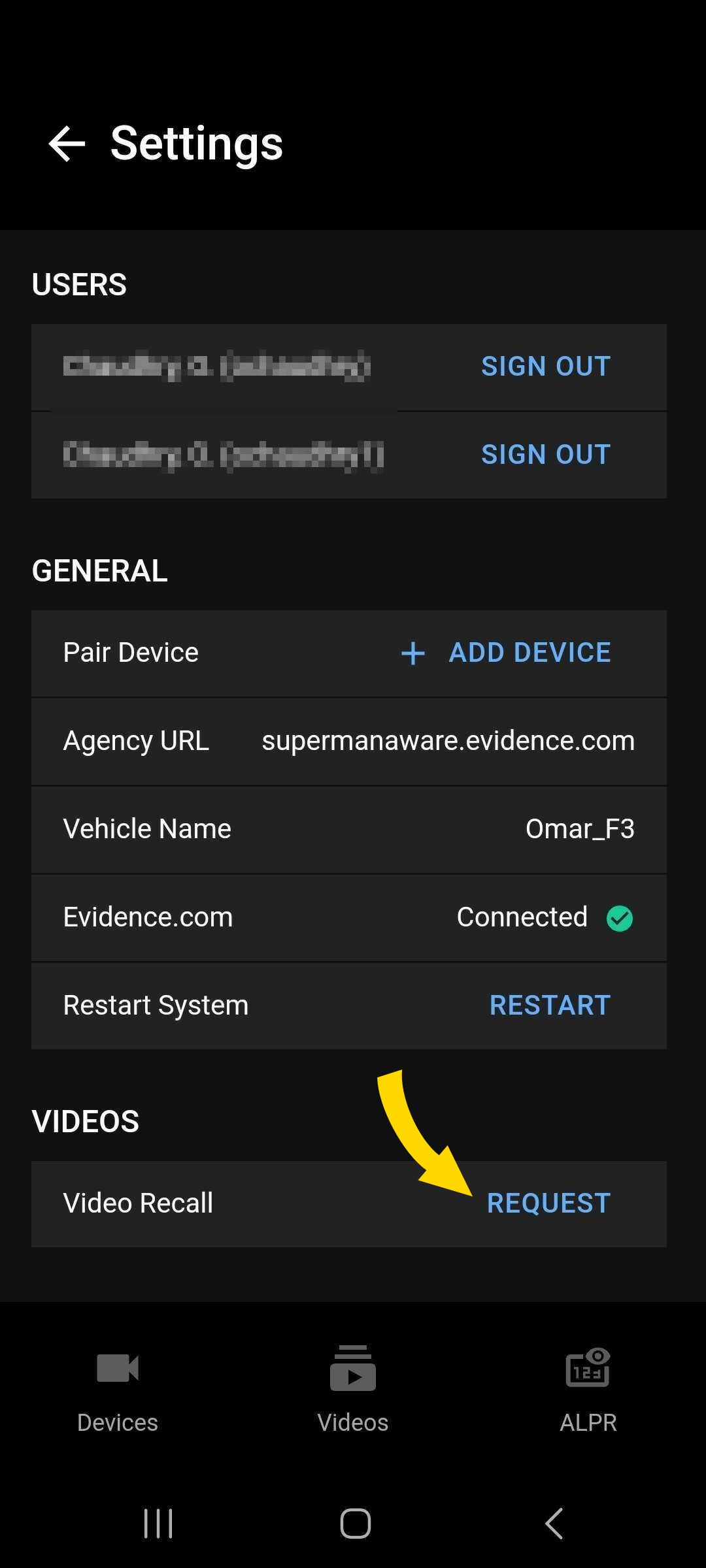 Shows the Fleet Dashboard Settings tab with the Video Recall Request button highlighted.