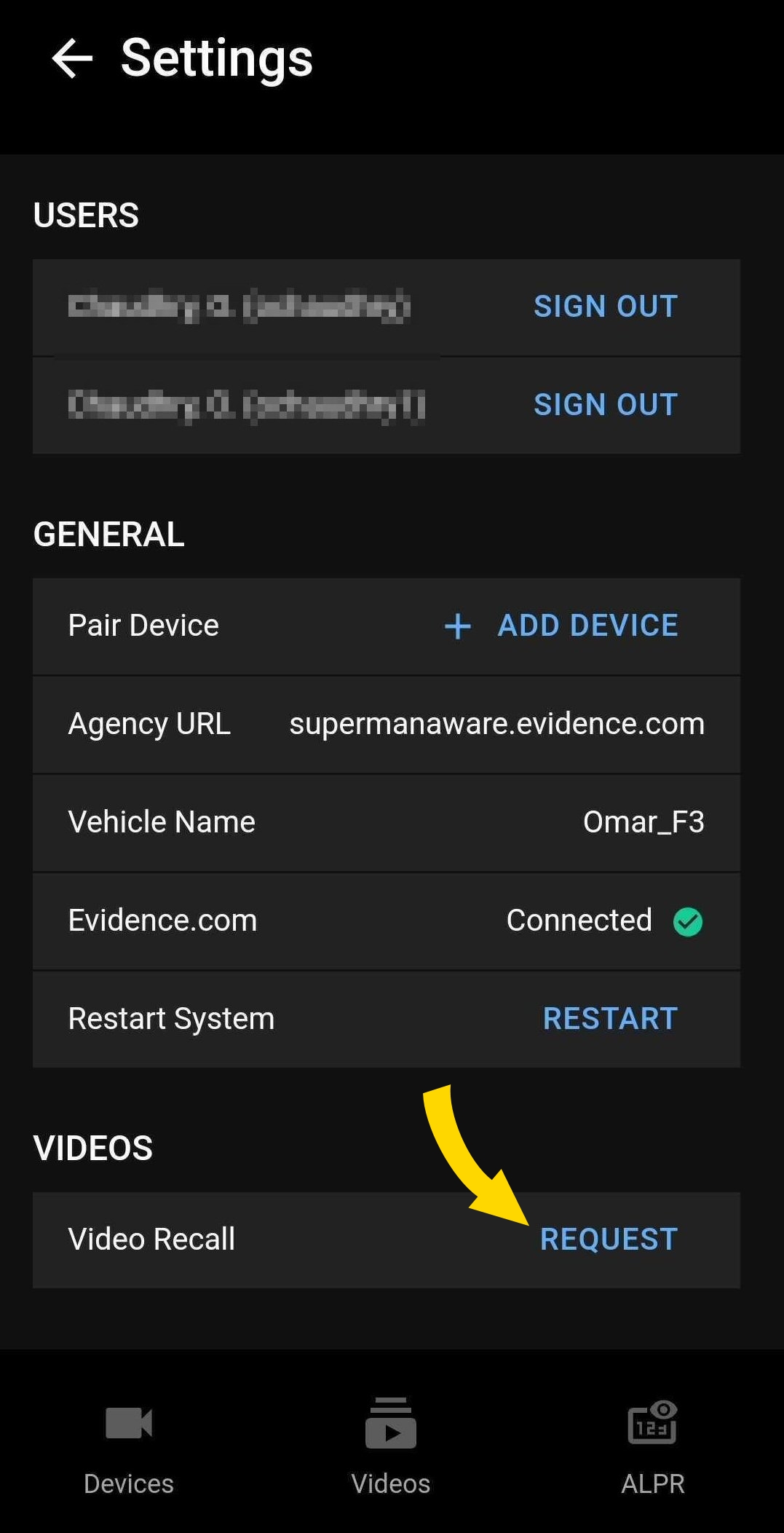 Shows the Fleet Dashboard Settings tab with the Video Recall Request button highlighted.