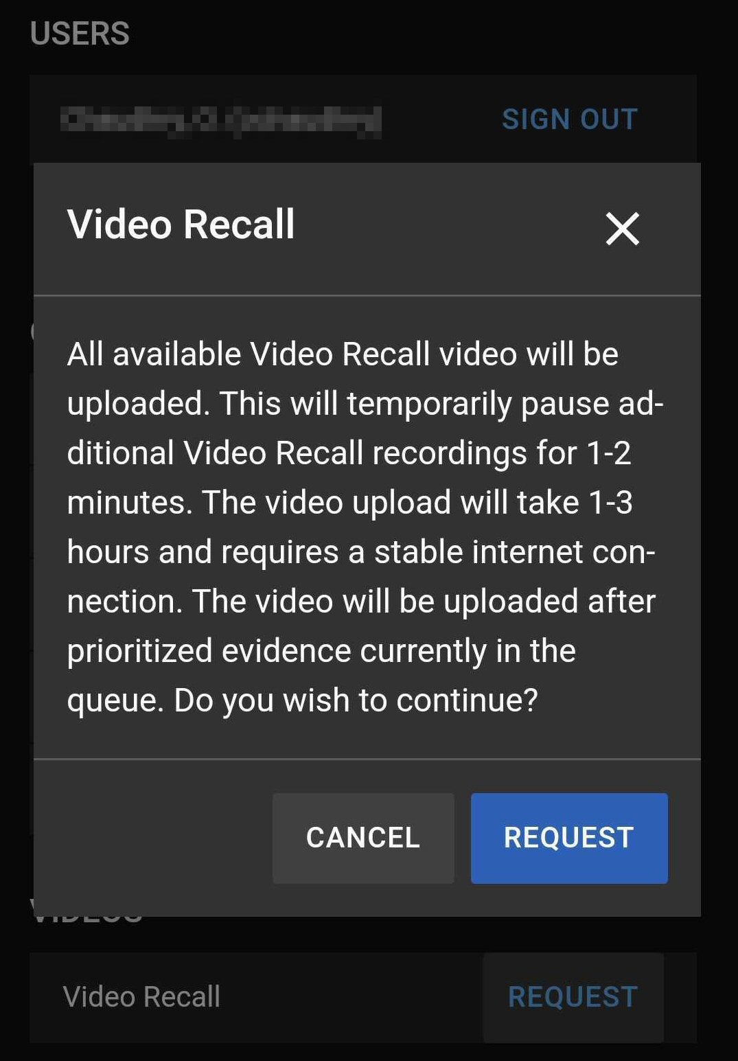 Shows the Fleet Dashboard Video Recall window with Request button.