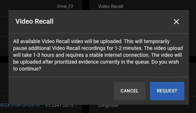 Shows the Fleet Dashboard Video Recall window with Request button.