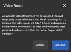 Shows the Fleet Dashboard Video Recall window with Request button.