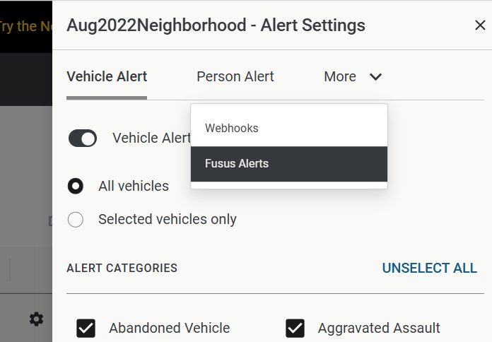 Alert Settings with dropdown menu highlighting Fusus Alerts