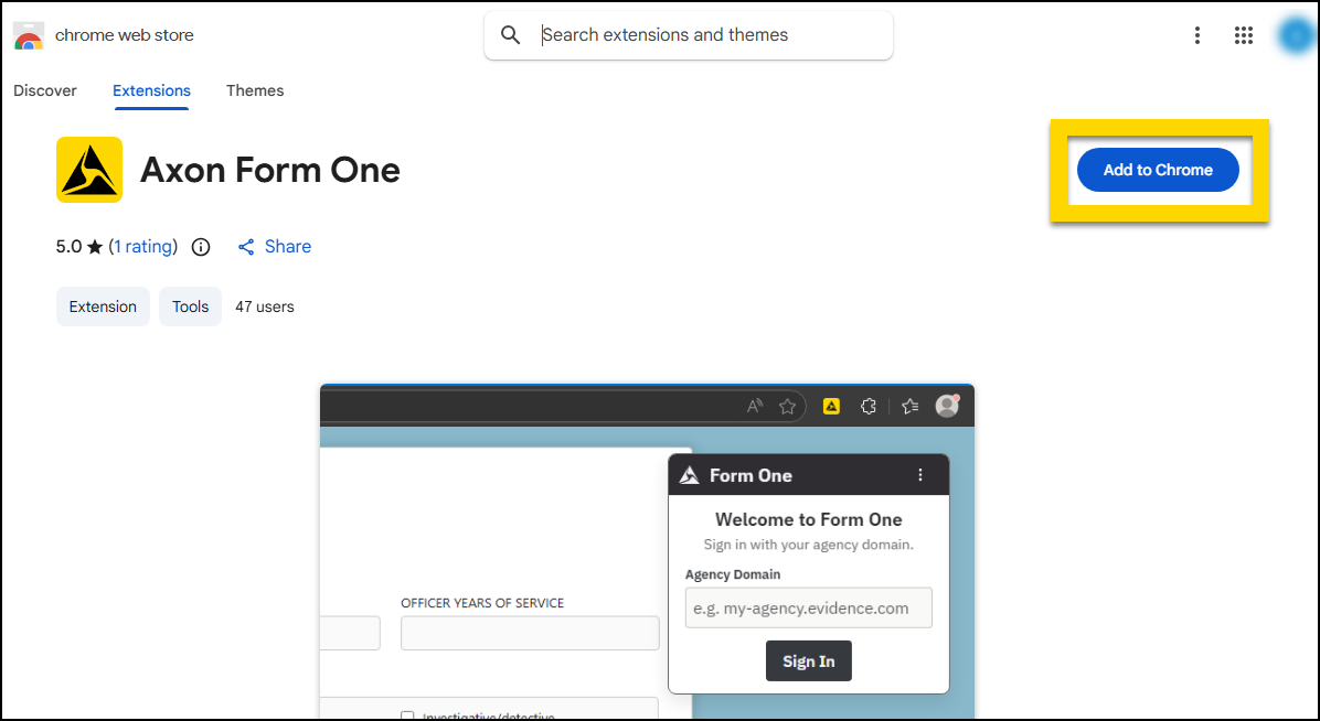 Add to Chrome button highlighted on the Chrome Web Store page for Axon Form One.