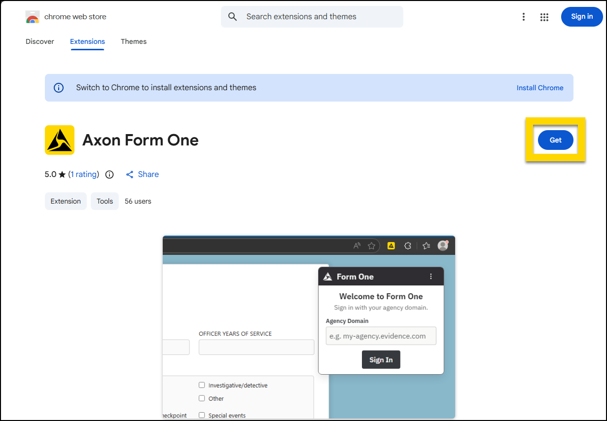 Axon Form One extension page with Get button highlighted.