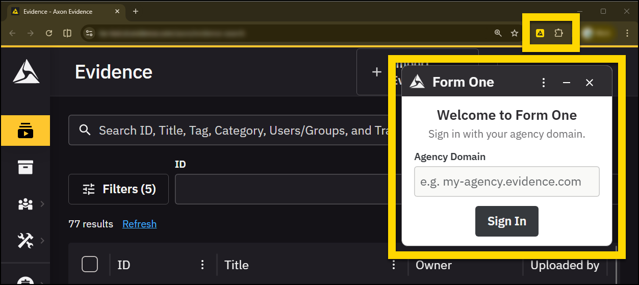 Dialog box with Form One label containing a field for Agency Domain and a Sign In button.