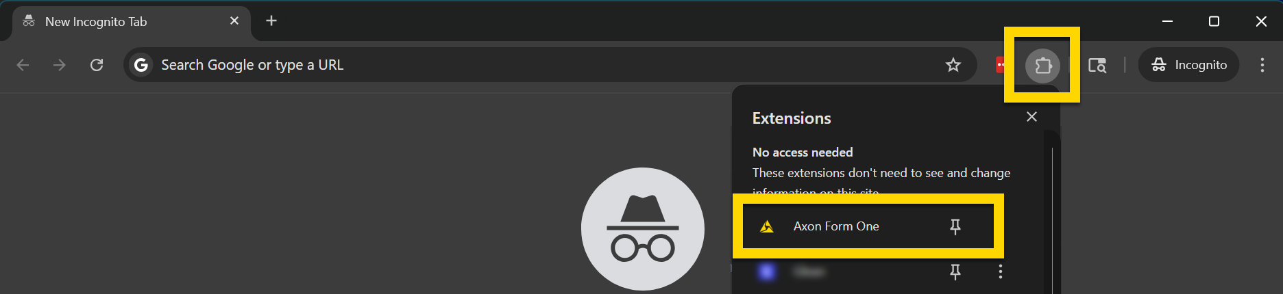 Extensions menu highlighted, showing Axon Form One extension.
