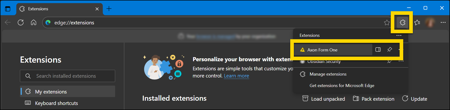 Extensions menu with highlighted Axon Form One button and menu options.