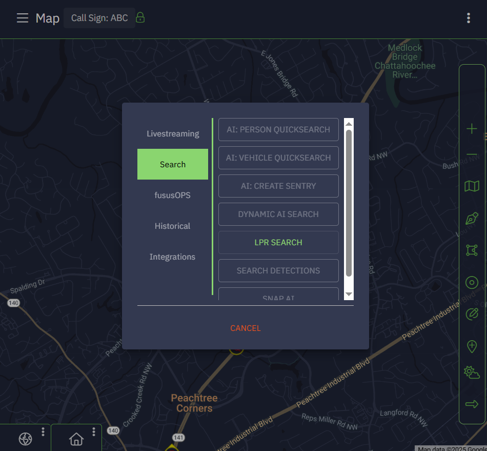 Shows a dialog box on the map with LPR Search.