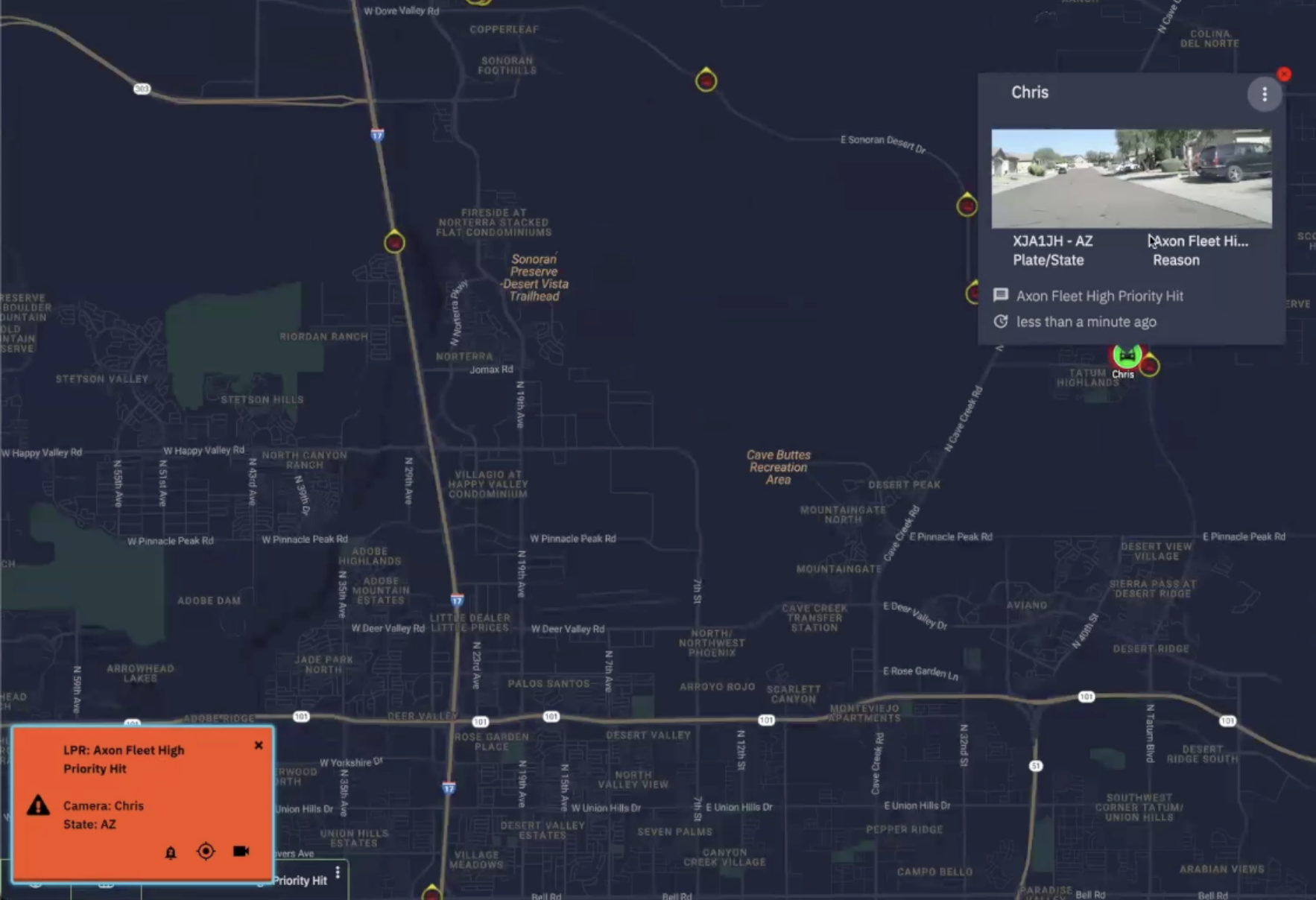 Shows a hit alert box at the bottom left of the map.