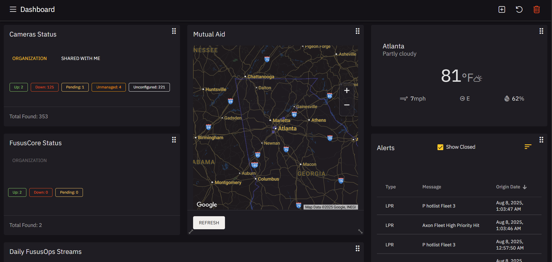 Overview of the Dashboard showing tiles, alerts, and system status.