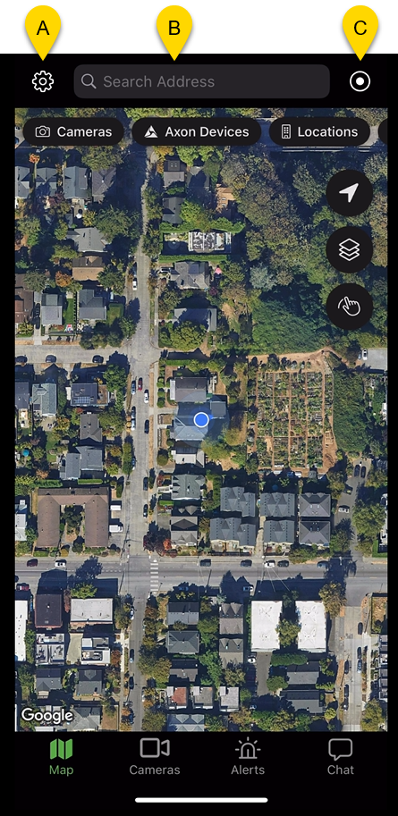 fususOPS mobile app map interface showing labeled callouts for Settings, Search Address, and Locate controls.