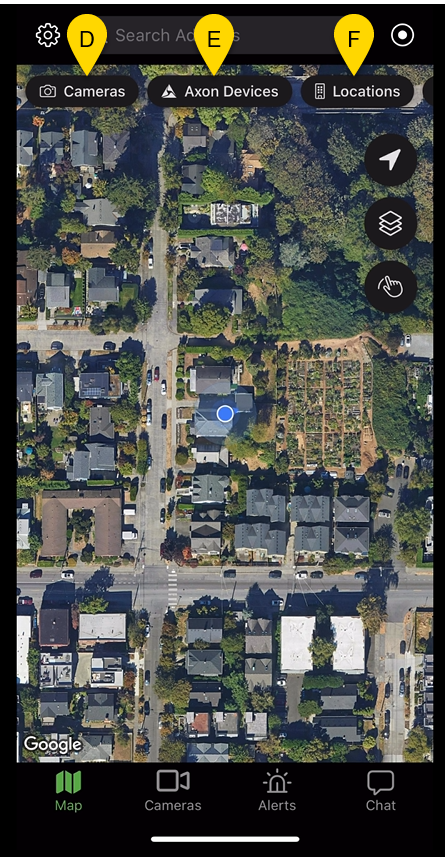 fususOPS mobile app map interface showing labeled callouts for Cameras, Axon Devices, and Locations buttons.