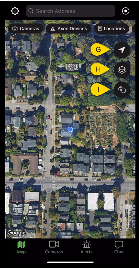 fususOPS mobile app map interface showing labeled callouts for bottom navigation options including Map, Cameras, Alerts, and Chat.