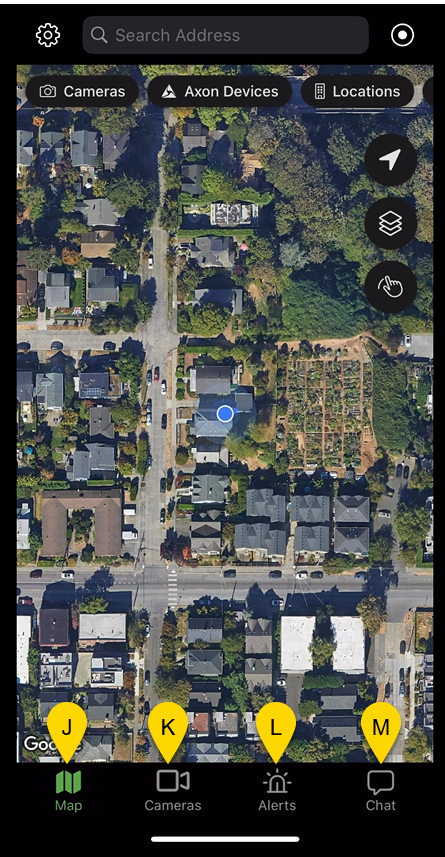 fususOPS mobile app map interface showing labeled callouts for bottom navigation options including Map, Cameras, Alerts, and Chat.