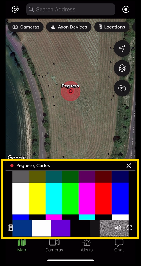 Mobile app livestream panel opened at the bottom of the screen showing an active device stream.