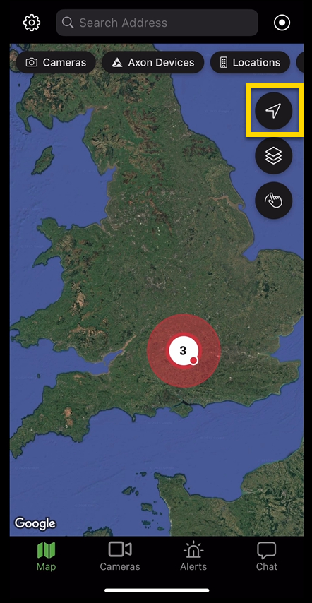 Mobile app map interface highlighting the Locate button used to center the map on the user’s location.