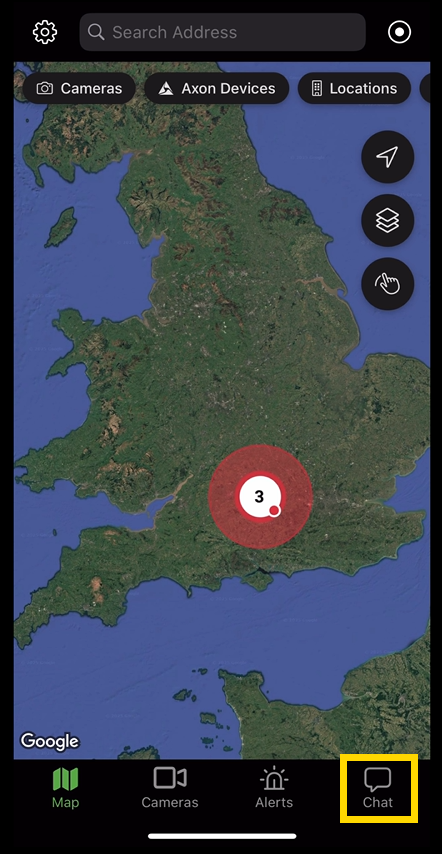 Mobile app interface highlighting the Chat button in the bottom navigation bar.