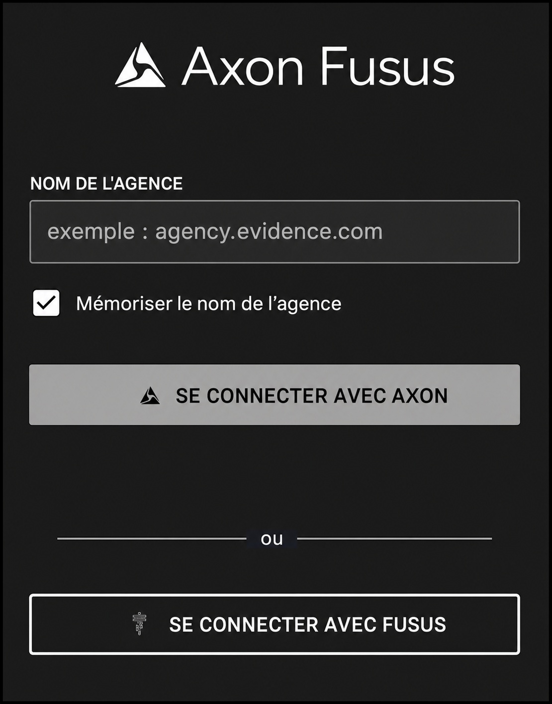 Mobile app sign-in screen showing Agency Name field, Remember agency name checkbox, and Sign in with Axon and Sign in with Fusus buttons.