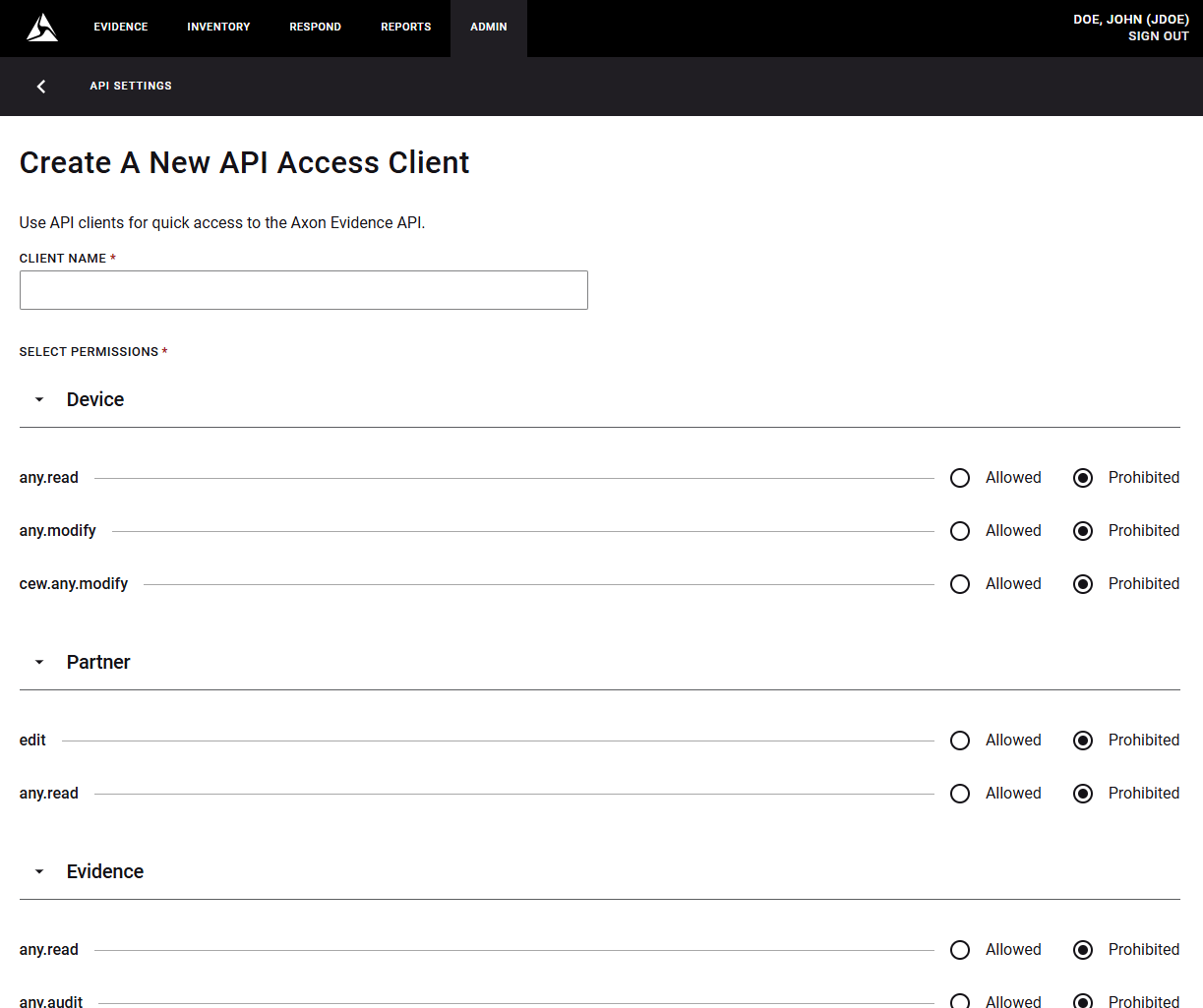 create a new api access client page