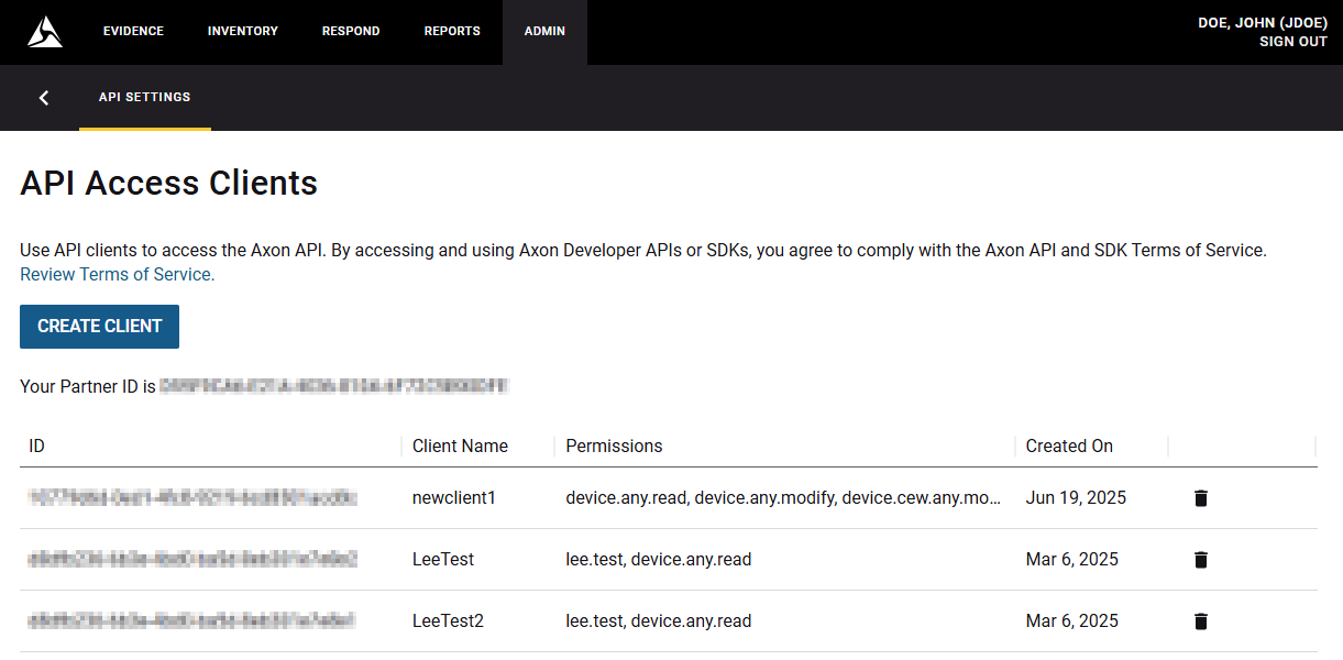 api access clients page