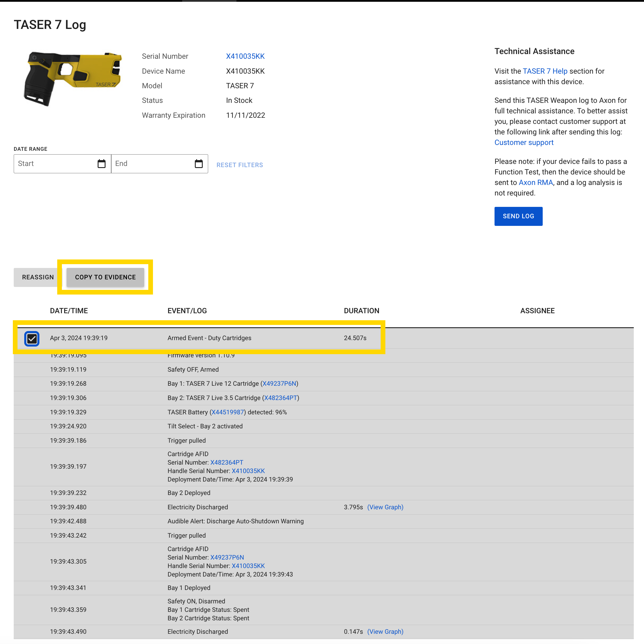 TASER 7 log with a focus on the copy to evidence button