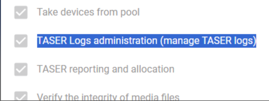 TASER logs administration permission on the admin page