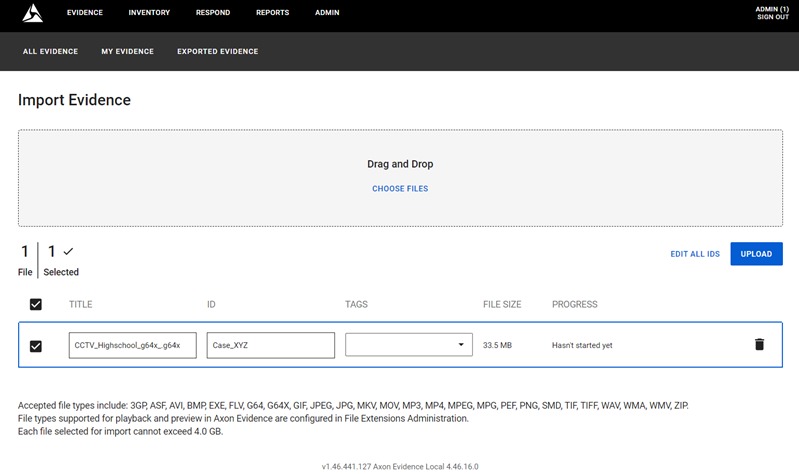 Import Evidence page with a focus on being able to drag and drop files