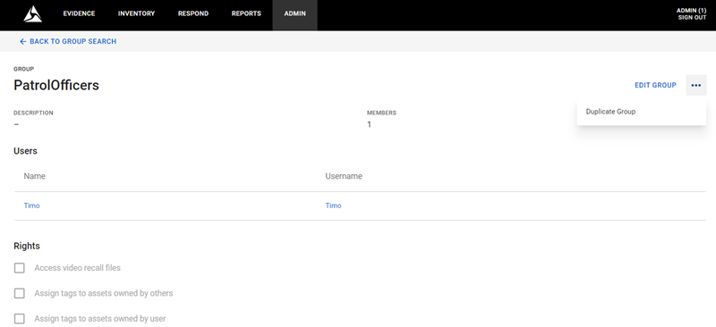 Axon Evidence screen with a focus on duplicating a group