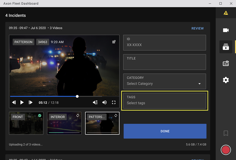Fleet 3 screen with a focus on tagging evidence