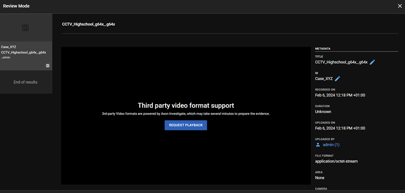 Axon Evidence screen presenting third-party video file conversion options