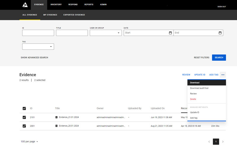 Axon Evidence screen with a focus on downloading checked evidence files
