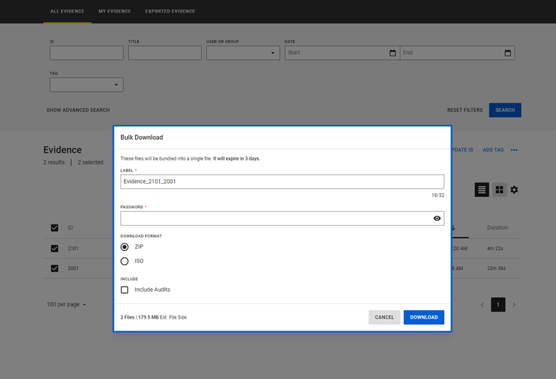 Axon Evidence download screen with a focus on choosing a download format