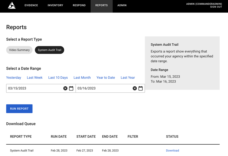 Web-UI Migration screen with a focus on selecting a date range to audit