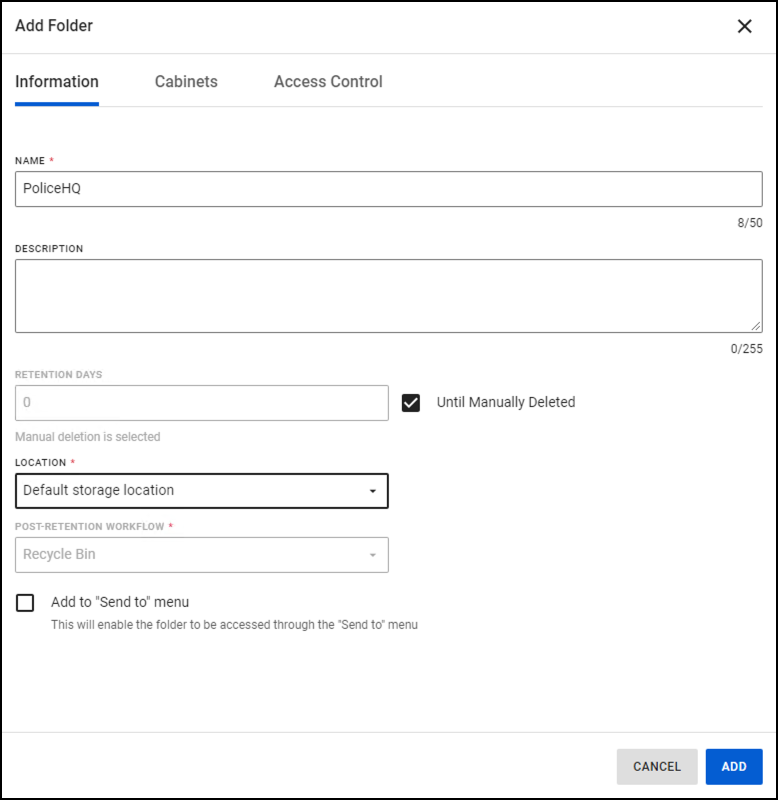 Axon Evidence Local folder property options.