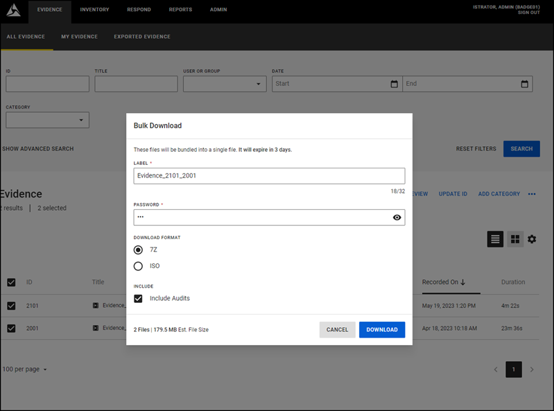 Axon Evidence Local bulk download window.