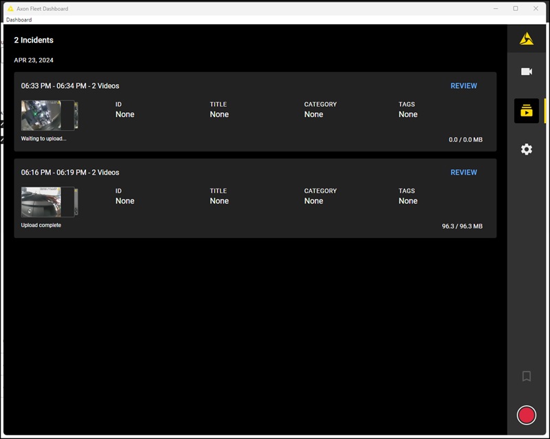 Axon Evidence Local dashbaord showing 2 incident videos waiting for upload.