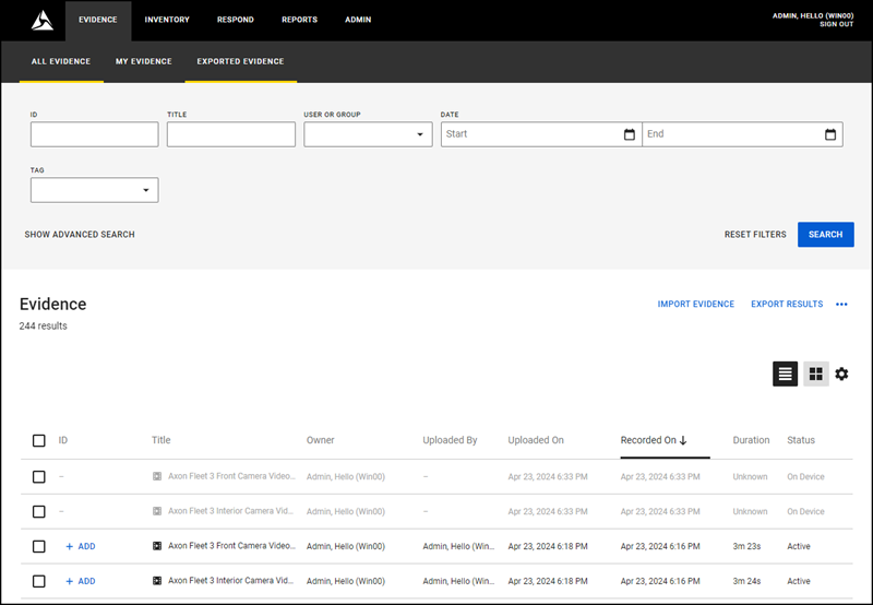 Evidence search page.