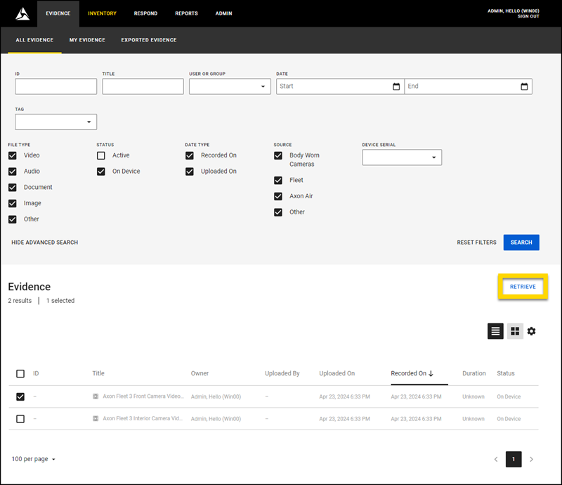 Axon Evidence Local evidence search page, with a focus on the Retrieve button.