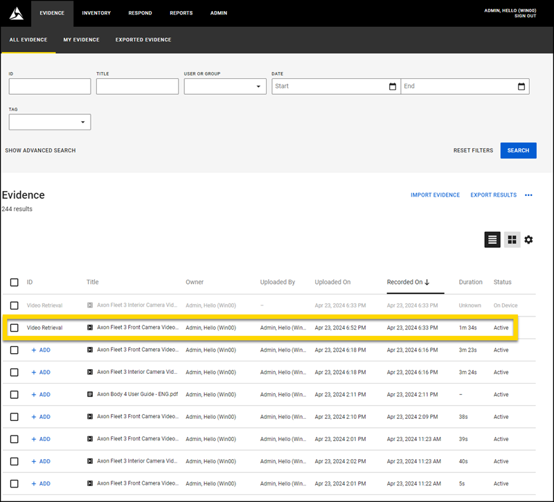 Axon Evidence Local evideince search page, with a focus on videos with completed upload.