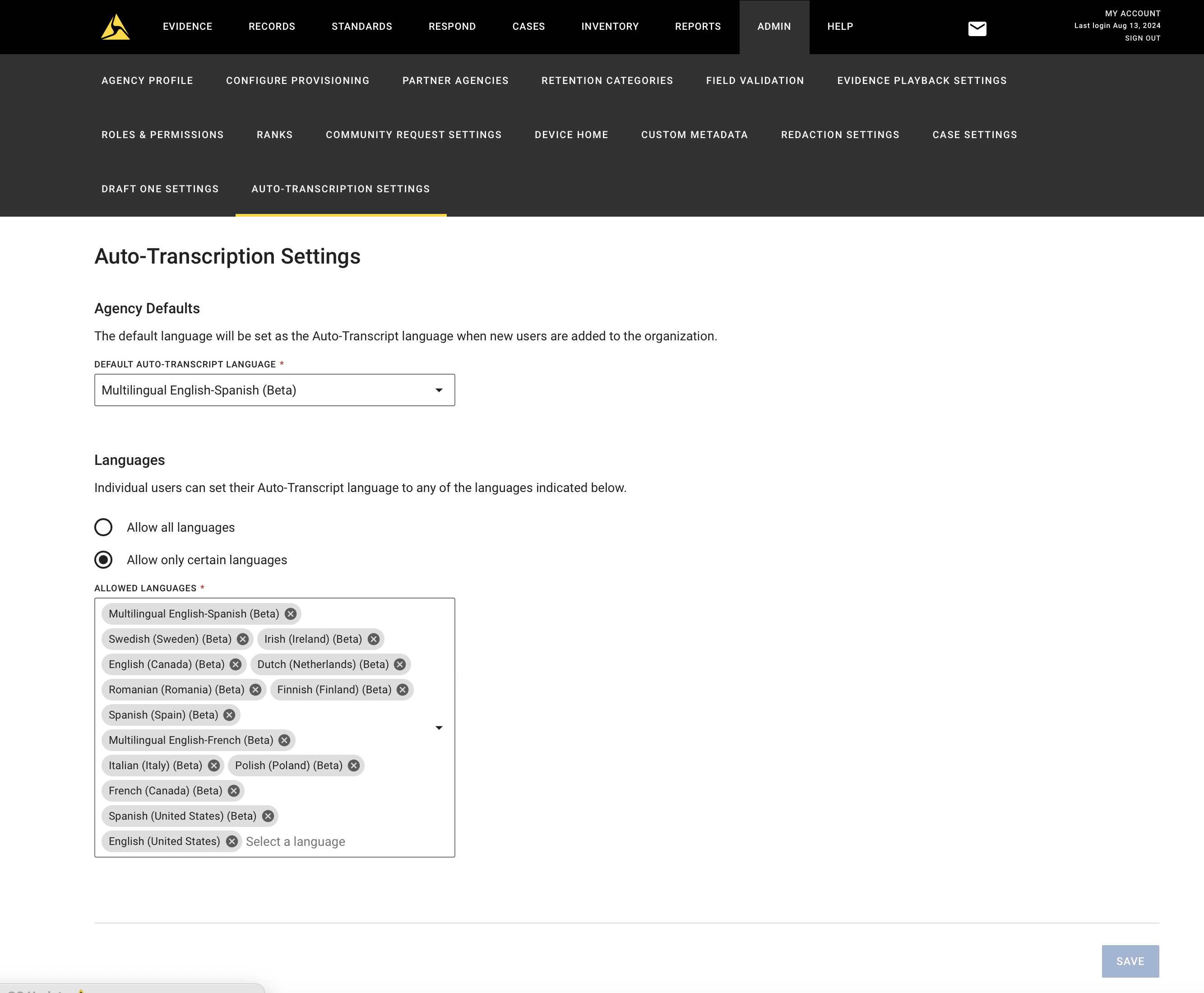 Auto-Transciption Admin page