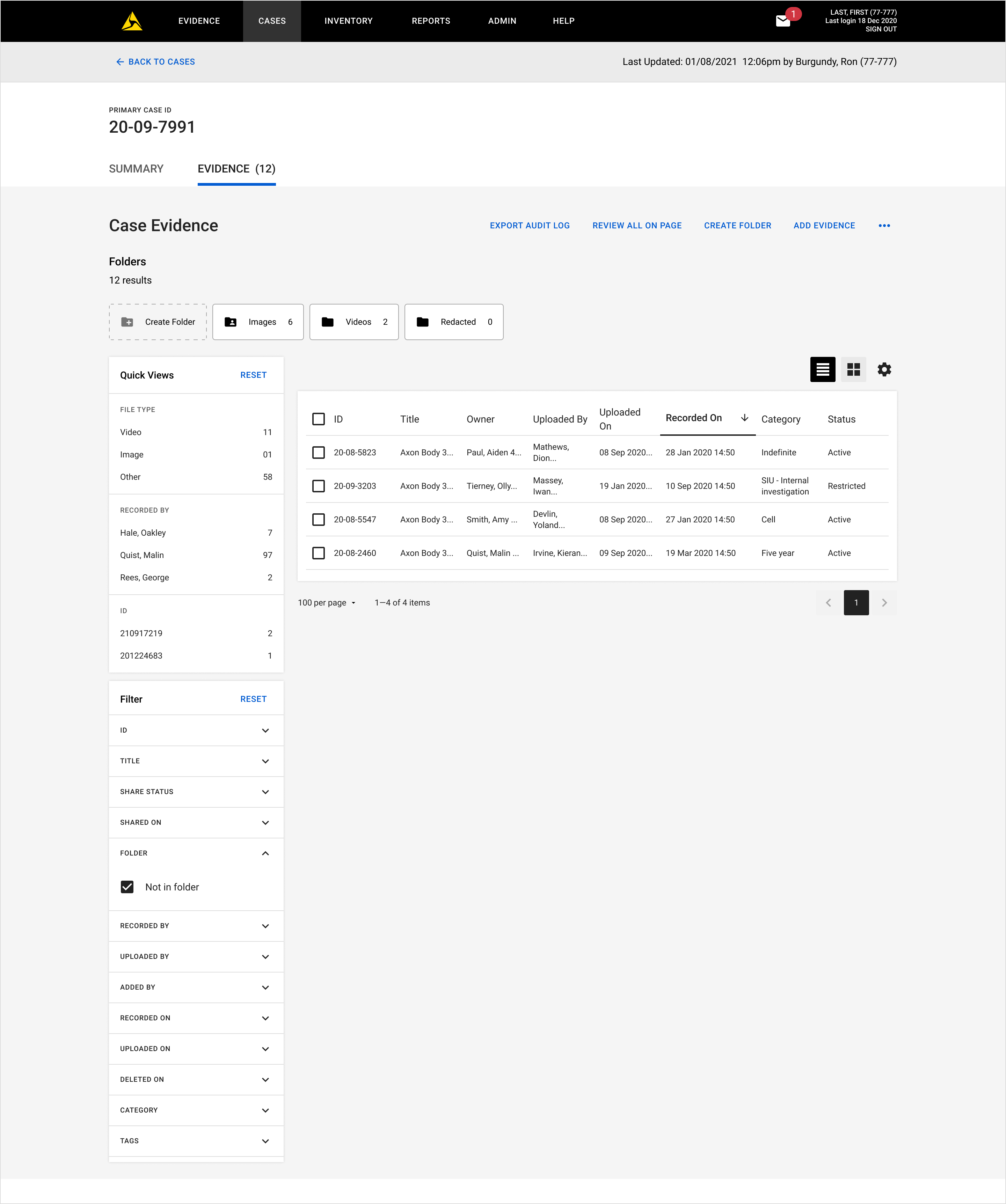 Axon Evidence page with a focus on the viewing evidence not in a subfolder filter