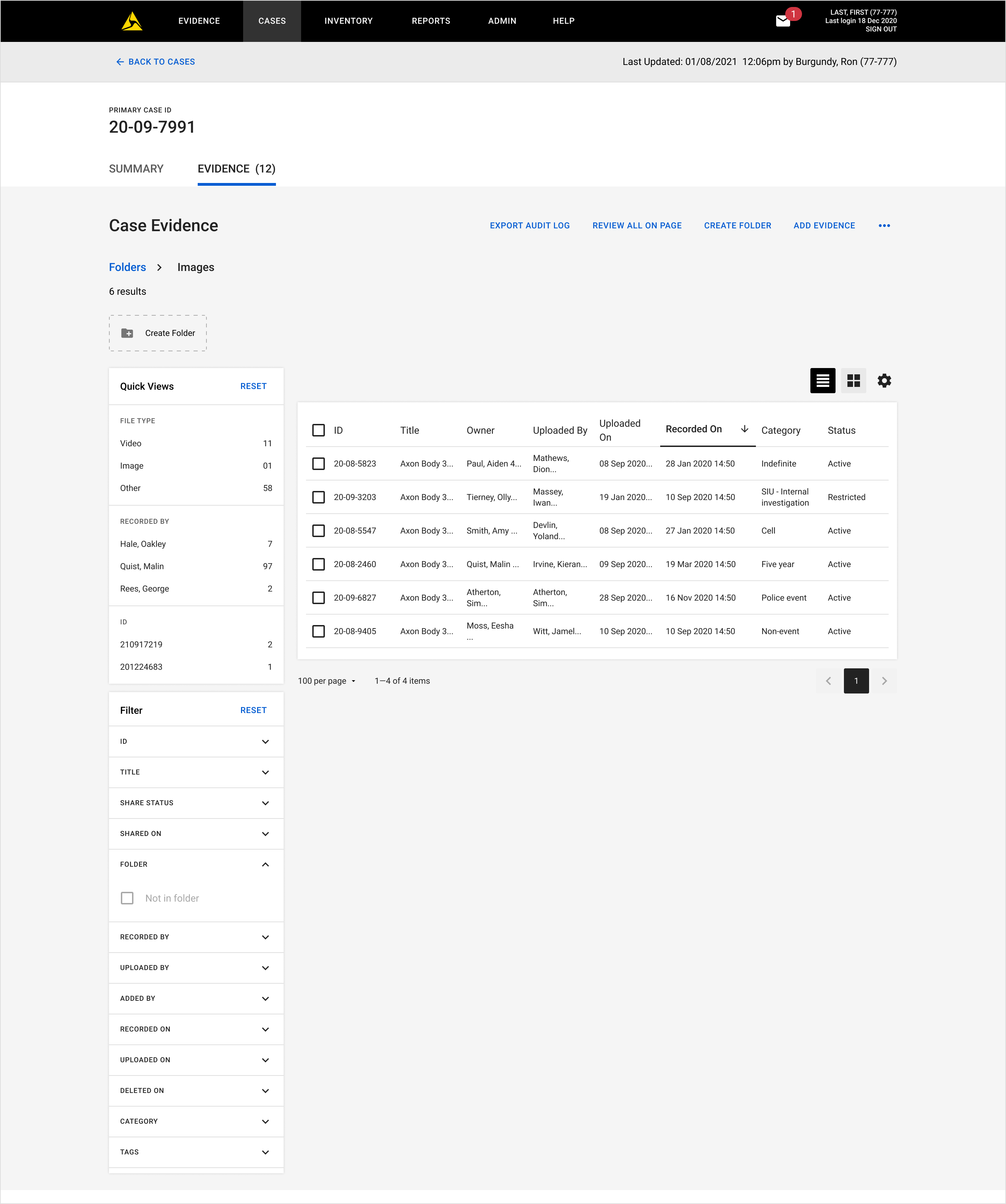 displayed results on Axon Evidence page after using filter