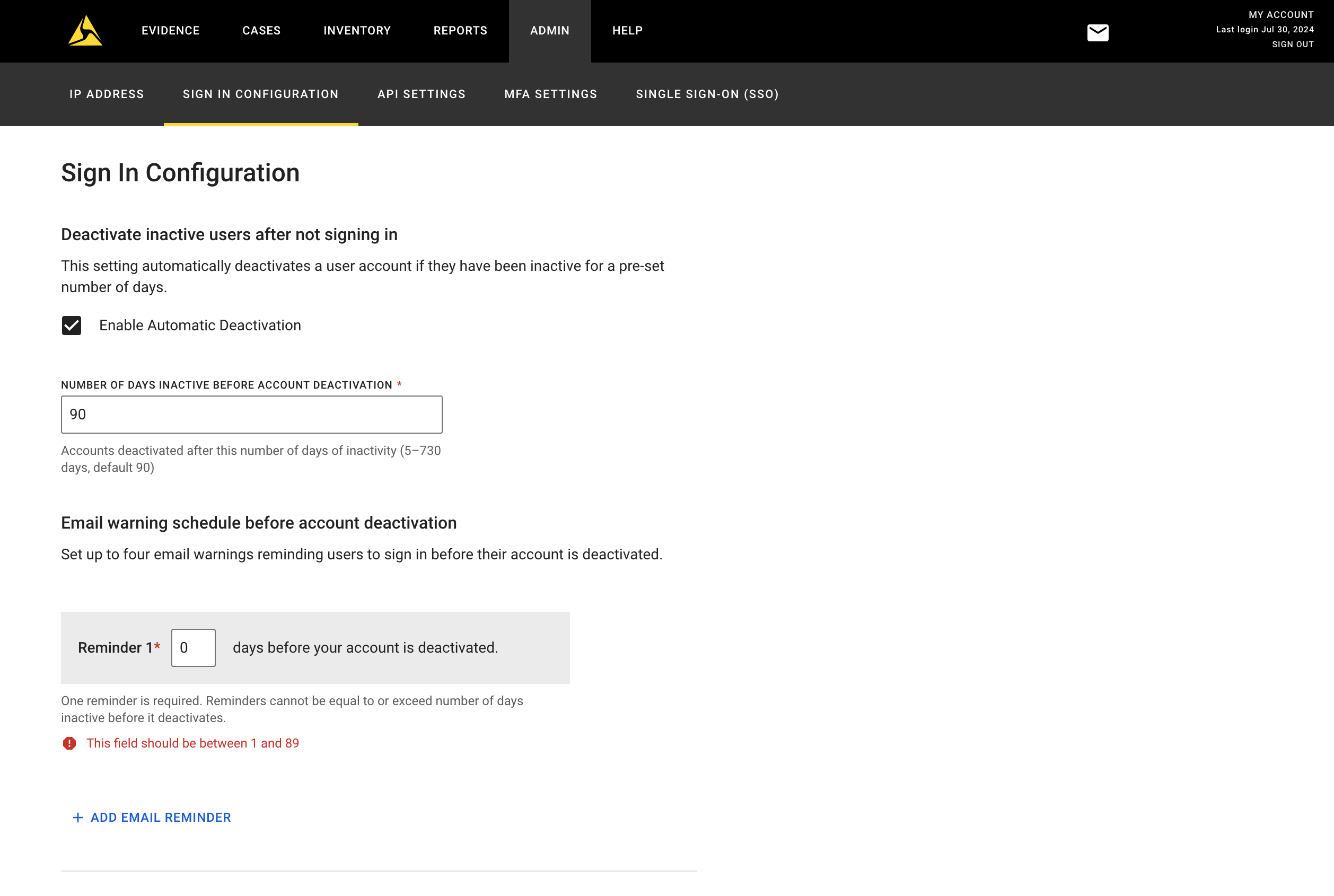 Set number of days before auto-deactivation