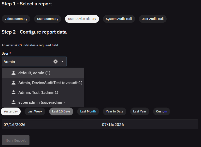 Reports page with User Device History selected, showing the required User field with a user picker and date range options such as Last 10 Days