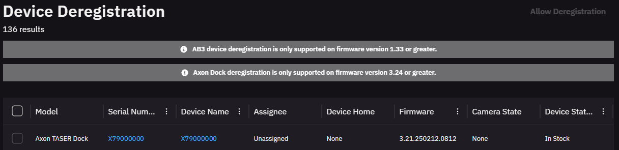 Device De-Registration model filter listing dock models, with Axon TASER Dock selected