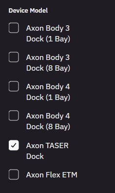 Device De-Registration page listing an Axon TASER Dock with its serial number, firmware and status, and notes that AB3 and Axon Dock de-registration require minimum firmware versions