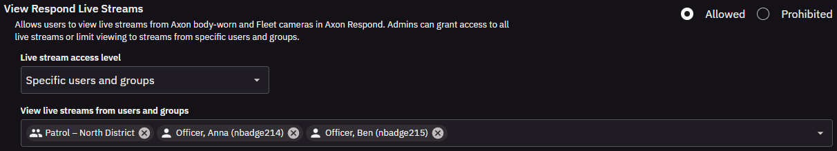 View Respond Live Streams permission set to Allowed with the live stream access level set to All live streams